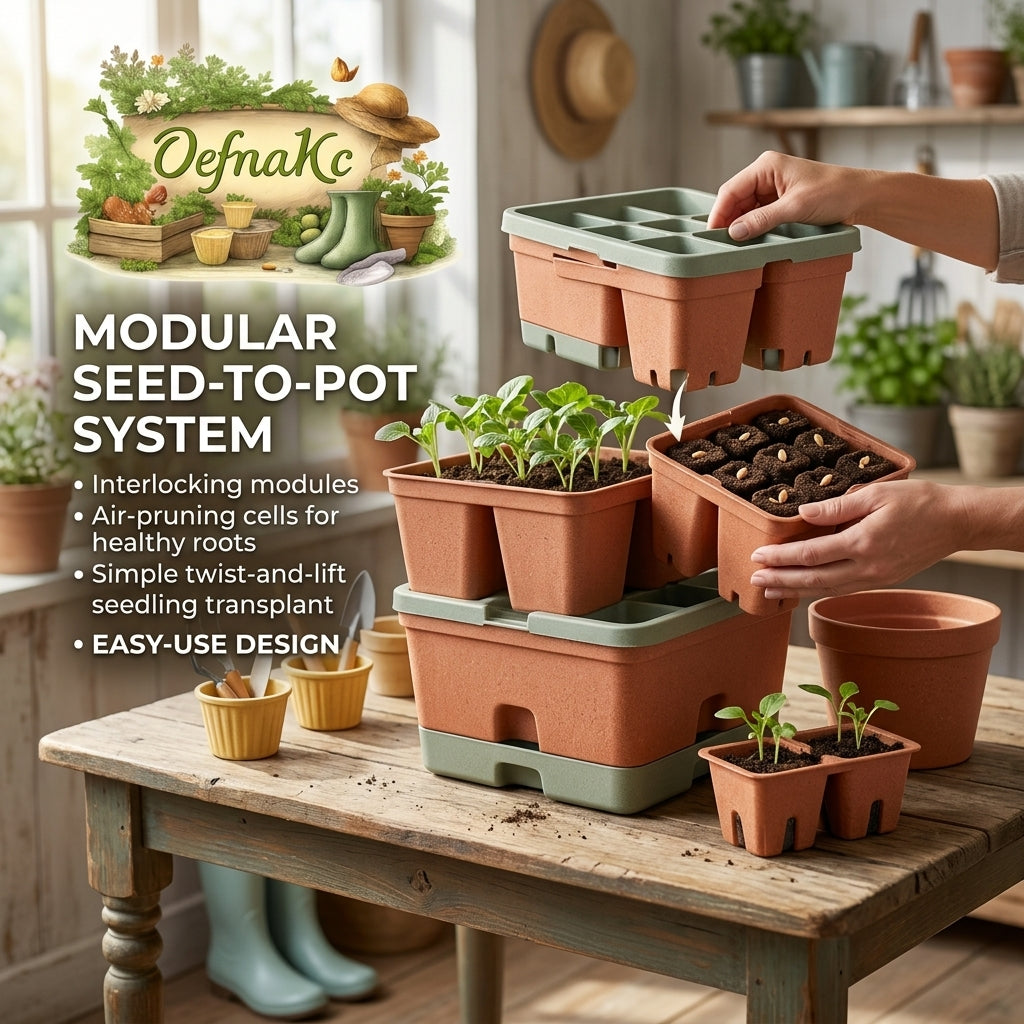 OefnaKc Modular Seed-to-Pot Starter Kit β Interlocking Seed Trays with Air-Pruning & Twist-and-Lift Transplanting Technology, Durable Seedling Germination System for Home Gardeners