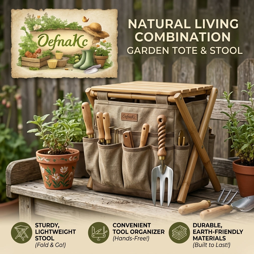 OefnaKc Folding Garden Stool with Detachable Tool Tote Bag β Portable Gardening Seat & Organizer with Pockets β Heavy-Duty Canvas & Bamboo Frame for Outdoor Planting, Lawn Care, and Yard Work