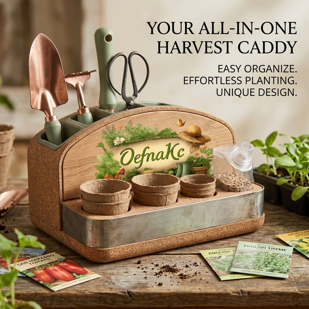 OefnaKc All-in-One Gardening Caddy – Portable Garden Tool Organizer with Seedling Starter Pots, Storage Hopper & Tool Storage – Rustic Wood & Metal Design for Indoor Herb Gardens & Hobby Growers