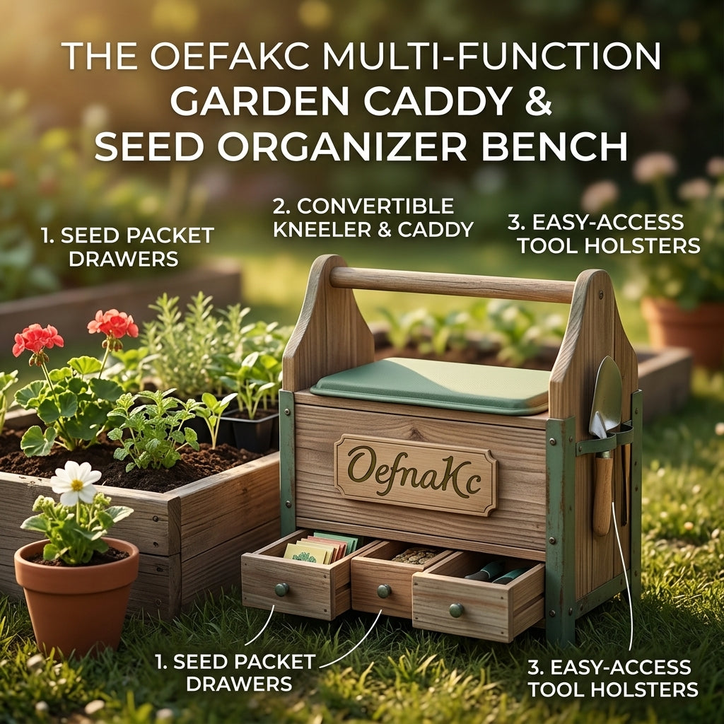 OefnaKc Multi-Function Garden Caddy & Seed Organizer Bench – Portable Wooden Kneeling Stool with Seed Packet Drawers, Tool Holsters, & Comfort Cushion – All-in-One Gardening Tote & Seat for Weeding and Planting