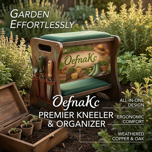 OefnaKc Premium Garden Kneeler and Seat – Ergonomic Foldable Bench with Built-in Tool Organizer & Seedling Crate, Weathered Copper & Oak Finish – All-in-One Gardening Solution