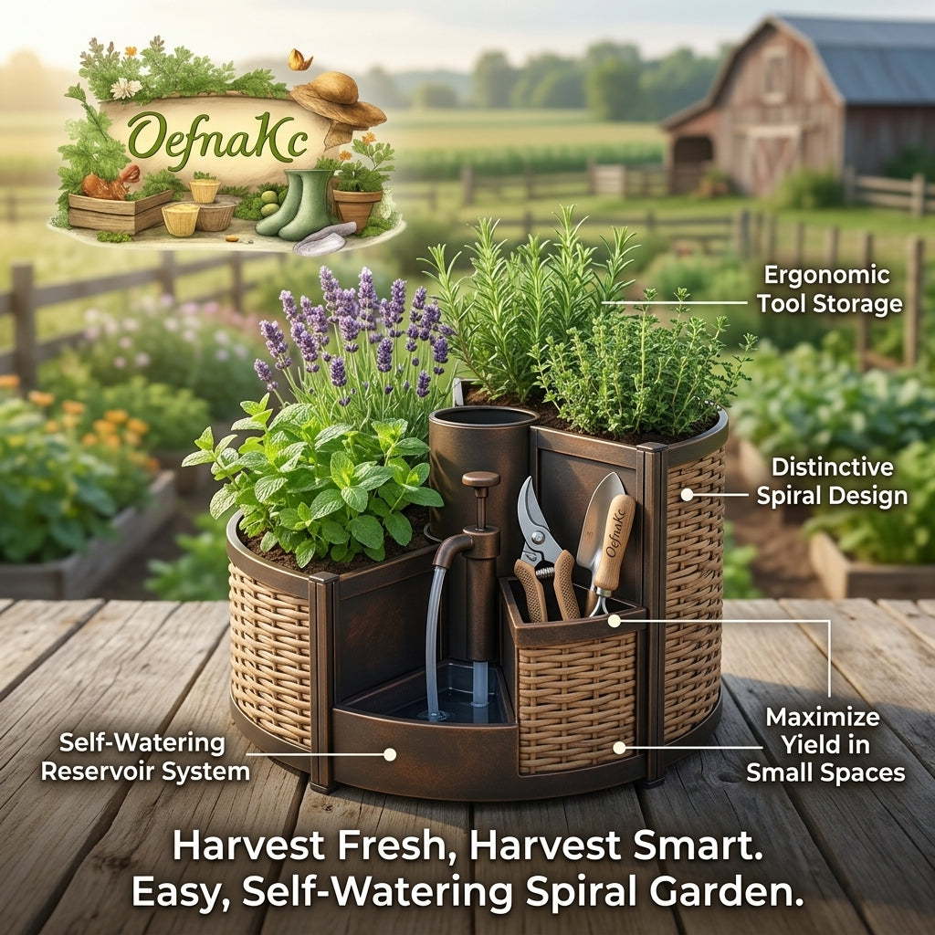 OefnaKc Self-Watering Spiral Herb Garden – Multi-Tiered Vertical Planter with Integrated Tool Storage & Water Reservoir System – Space-Saving Indoor/Outdoor Kitchen Garden for Fresh Herbs & Flowers