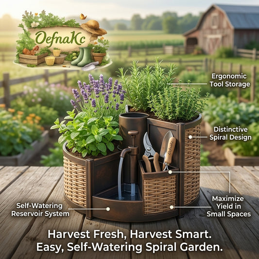 OefnaKc Self-Watering Spiral Herb Garden – Multi-Tiered Vertical Planter with Integrated Tool Storage & Water Reservoir System – Space-Saving Indoor/Outdoor Kitchen Garden for Fresh Herbs & Flowers