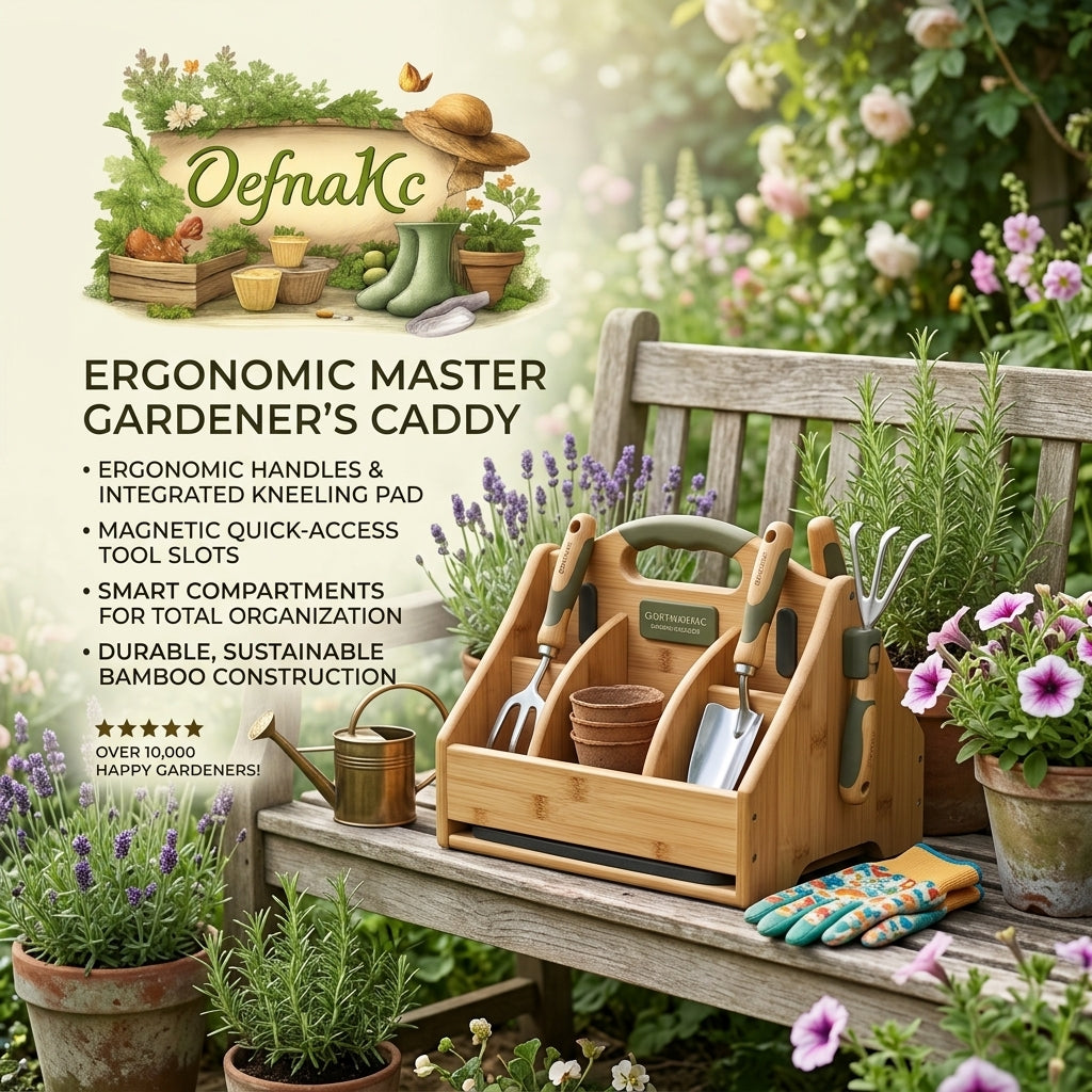 OefnaKc Ergonomic Bamboo Garden Tool Caddy – All-in-One Gardening Organizer with Integrated Kneeling Pad, Magnetic Quick-Access Slots, and Smart Compartments – Durable, Eco-Friendly Storage for Master Gardeners